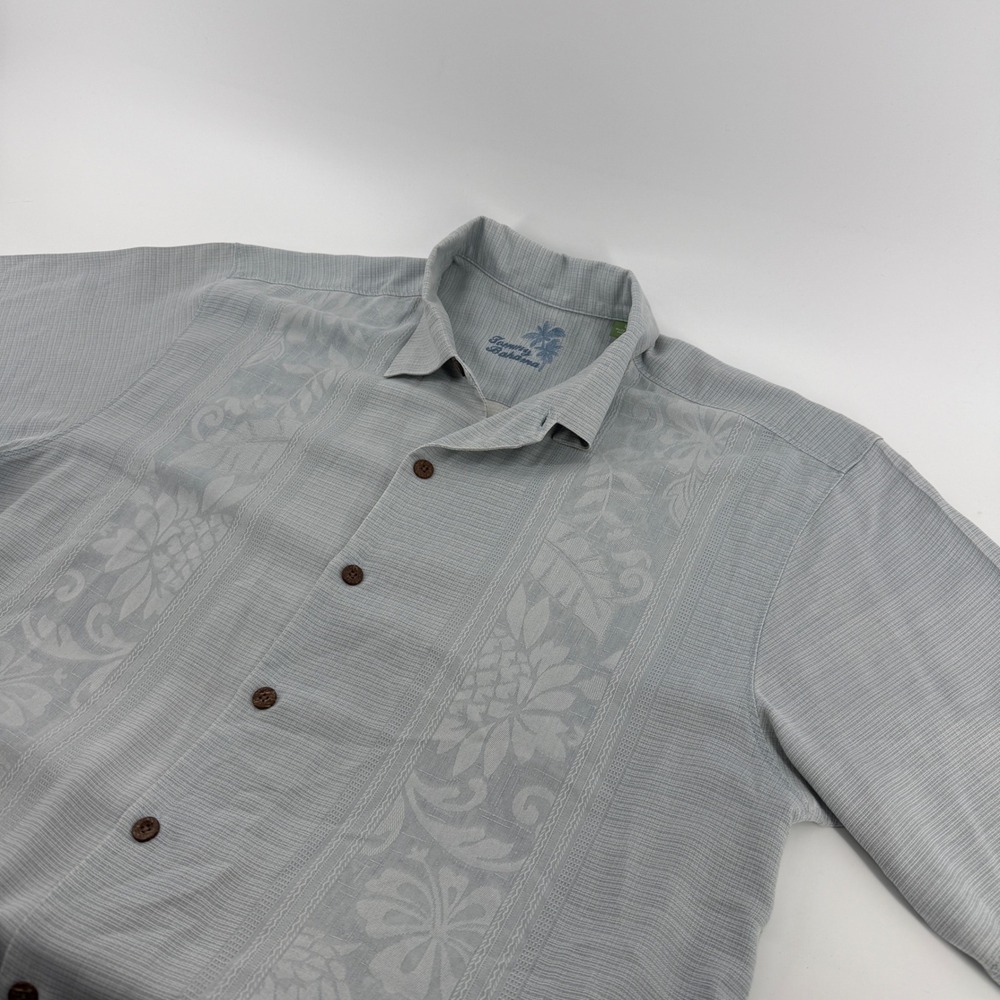Tommy Bahama Mens Large 100% Silk Short Sleeve Floral Jacquard Camp Shirt Blue